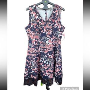 NWT Donna Ricco Plus Size Navy Blue & Pink Lace Trim Fit & Flare Scuba Dress 18W